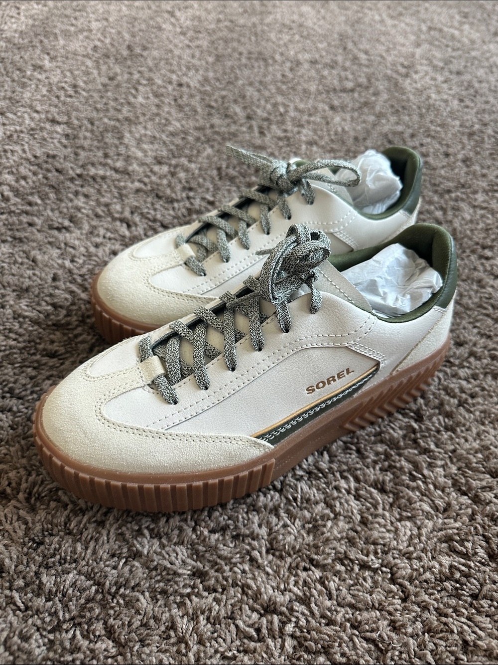 Sorel Cream & Olive Leather Low-Top Sneakers with Gum Sole - Picture 2 of 7